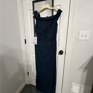 Azazie Off the Shoulder Dress in Deep Blue